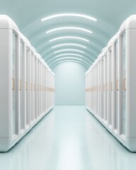 Poster - Futuristic Data Center Aisle with Sleek White Servers and Soft Blue Lighting Showcasing Modern IT Infrastructure and Efficient Digital Storage Solutions