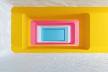 Aufkleber - Modern Vibrant Colorful Stairwell Interior with Bold Yellow Pink Blue White Layers for Contemporary Architecture and Visual Art Design