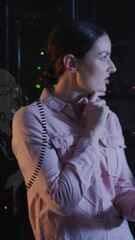 Poster - Animation of globe and uploading over diverse woman and man working in server room