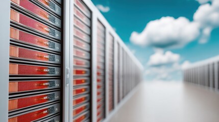Fototapete - High-performance storage array server racks in sleek data center with vibrant lighting, showcasing scalable IT infrastructure and cutting-edge digital network technology