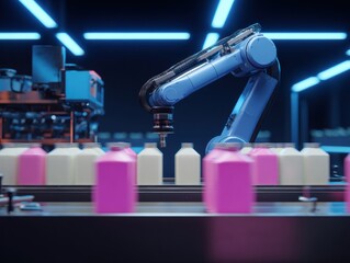 Aufkleber - Modern Programmable Robot Arm in Automated Packaging Line Premium Industrial Tech Efficiency for Professional Manufacturing and Marketing Content