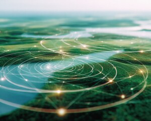 Poster - Quantum network architecture with superposition nodes and geometric circuits radiating data points on digital grid for advanced computing innovation