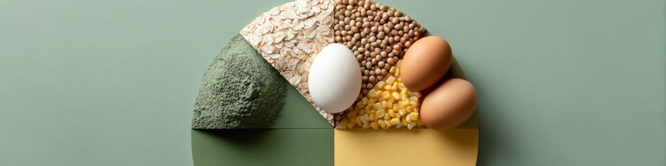 Aufkleber - Nutrient Dense Whole Food Pie Chart Displaying Balanced Triangular Food Groups with Grains, Vegetables, Fruits, Dairy, and Eggs on Minimalist Surface for Health Education