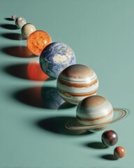 Aufkleber - Detailed Solar System Planet Alignment in Diagonal Line with Rings and Moons on Soft Background for Science Education and Cosmic Discovery