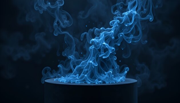 Mystical blue smoke gracefully rises, swirling on a dark platform in a captivating display.