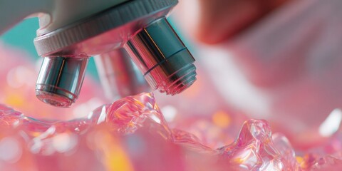 Poster - Premium Medical Laboratory Microscope Close-Up with Modern Genetic Data Display Authentic Science Research for Healthcare Marketing and Innovation Content