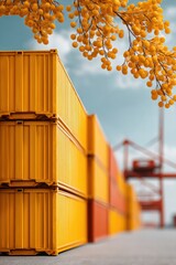 Poster - Professional High-Quality Stacked Yellow Shipping Containers at Coastal Port with Loading Cranes Modern Logistics and Global Trade Marketing Content