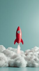 Poster - Whimsical Toy Rocket Launching from Fluffy Clouds on Minimalist Surface for Playful Innovation and Creative Marketing Inspiration