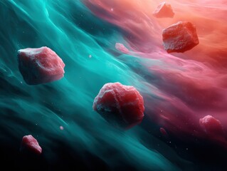 Poster - Dynamic cosmic asteroid fragments floating in vibrant nebula with trailing dust, symbolizing universal change and energy for science and event promotion