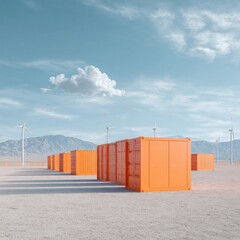 Aufkleber - Renewable Energy Storage Array with Multiple Orange Battery Containers and Wind Turbines in Desert Landscape for Sustainable Power Solutions