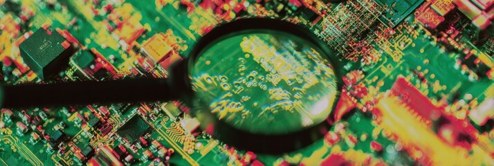 Leinwandbilder - Modern high-quality malware prevention with magnifying glass on circuit board, vibrant cybersecurity analysis for tech marketing and professional digital campaigns