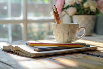 Poster - Detailed Color Picture of a Table with a Book Pencils and a Cup of Coffee