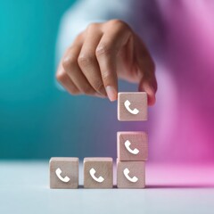 Poster - Modern Emergency Contact Tree Concept with Wooden Blocks and Phone Icons Symbolizing Organized Communication and Rapid Information Flow in Workflows