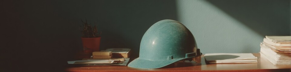 Poster - Professional Occupational Safety Helmet on Desk in Modern Classroom Setting for High-Quality Workplace Training and Educational Health Protocols Content