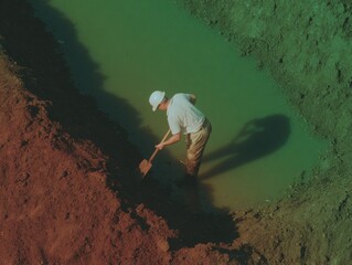 Poster - Professional Construction Worker Excavating Waterlogged Pit Authentic Urban Infrastructure Safety Content for Engineering and Flood Prevention Campaigns