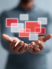Poster - Professional businessman presenting modern digital interface with floating icons for e-learning and mobile access in dynamic office setting for marketing use