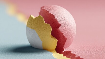 Poster - Cracked Spherical Object with Textured Layers in Pastel Colors Showing Dynamic Break Design for Modern Art and Creative Industry Visuals