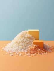 Aufkleber - Raw Silica Crystals Piled with Orange and Yellow Cubes on Pastel Background for Mineral Supplement Marketing and Wellness Branding