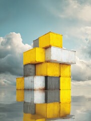 Poster - Professional Rusted Shipping Containers Stack with Water Reflection Modern Industrial High-Quality Concept for Business and Marketing Editorial Use