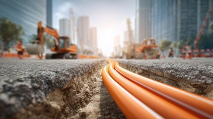Poster - Modern Fiber Optic Cable Installation with Orange Conduits in Urban Construction Site Premium Infrastructure Content for Tech Marketing and Advertising
