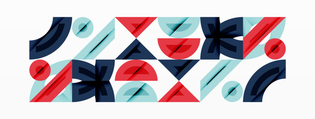 Poster - Geometric shapes repeat across white background. Red, blue, teal colors dominate composition. Minimalist design, modern aesthetic.