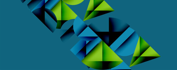 Poster - Abstract geometric shapes, triangles dominate composition. Blue, green hues create dynamic visual effect. Modern design, clean lines present.