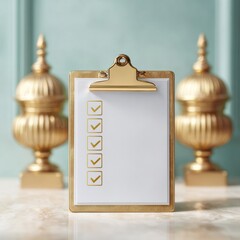 Aufkleber - Modern Gold Clipboard with Completed Checklist on Marble Desk - Premium Workspace Organization and Productivity Concept in Elegant Office Setting