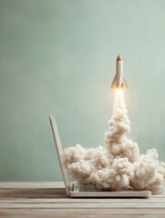 Poster - Futuristic Space Rocket Launching from Laptop Screen with Smoke and Digital Clouds Symbolizing Tech Startup Innovation and Digital Transformation