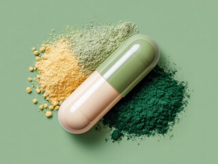 Aufkleber - Modern Supplement Capsule with Natural Powdered Ingredients on Green Background for Wellness Branding and Proactive Health Management Advertising