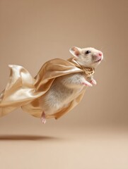 Poster - Premium Authentic Heroic Hamster Wearing Gold Cape Soaring Mid-Air Inspiring Courage and Adventure for Modern Childrens Marketing Campaigns