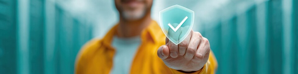 Poster - Professional Businessman Holding Transparent Digital Shield with Verified Security Checkmark Modern Corporate Tech Trust for Marketing and Advertising Campaigns