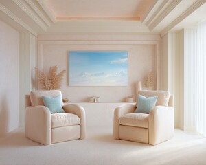 Poster - Modern Minimalist Home Theater with Plush Seating and Cozy Decor Premium Lifestyle Content for Relaxation and Social Media Campaigns