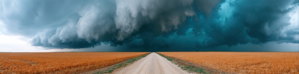 Poster - Dramatic Thunderstorm Alert with Supercell Storm Clouds Over Rural Field Premium Authentic Weather Content for Emergency Marketing and Social Media Campaigns