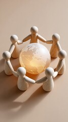 Poster - Modern Professional Wooden Figures Circle Around Luminous Globe Representing Global Teamwork and Collaborative Partnerships for Inspiring Business Marketing