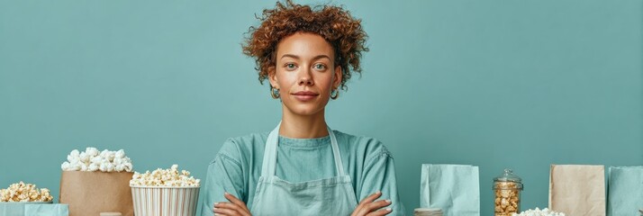 Poster - Confident Young Worker at Modern Concession Stand with Popcorn and Drinks Authentic Friendly Service for Hospitality Marketing and Training Content