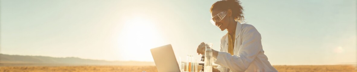 Poster - Modern Pharma Research Scientist Woman Wearing Goggles Using Laptop with Microscope, Promoting Innovation and Womens Leadership in Medical Technology