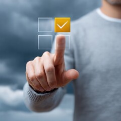 Poster - Modern Professional Businessman Selecting Checkmark on Digital Interface Premium Quality Corporate Workflow Content for Advertising and Marketing