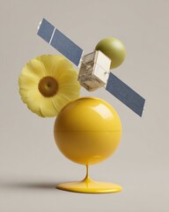 Aufkleber - Modern Meteorology Satellite Model with Abstract Geometric Elements and Floral Motif in Minimalist Style for Tech and Climate Innovation Marketing