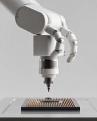 Aufkleber - High-Tech Robotic Arm with Precision Nozzle Working on Silicon Wafer in Microchip Assembly Line for AI-Powered Quantum Hardware Manufacturing
