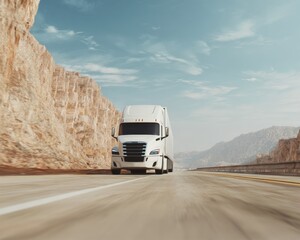Poster - Futuristic Autonomous Semi-Truck Driving on Desert Highway with Advanced AI Technology in Dynamic Low-Angle View for Innovation Campaigns