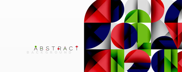 Poster - Geometric shapes overlap, creating vibrant colorful pattern. Modern design with red, green, blue elements. Minimalist aesthetic.