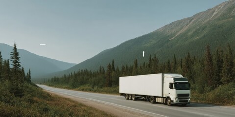 Poster - Professional Driverless Semi-Truck on Highway Through Lush Forest Modern AI Transportation Tech for Corporate Advertising and Digital Marketing Campaigns
