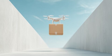 Poster - Modern Autonomous Drone Delivery with Cardboard Package in Clear Sky Premium Technology for Professional Logistics Marketing and Digital Campaigns