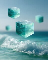 Aufkleber - Surreal Ocean Cubes Floating Above Waves in Minimalist Seascape - Modern Digital Art with Abstract Tech Aesthetic for Creative Branding