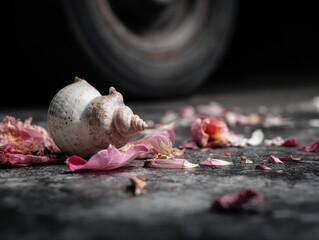 Poster - Authentic Rath Yatra Festival Shell with Flower Petals on Stone Surface Premium Spiritual Stock for Modern Lifestyle and Social Media Marketing Campaigns