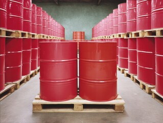 Poster - Premium Industrial Red Oil Drums Stacked on Wooden Pallets in Modern Warehouse for Efficient Logistics and Supply Chain Marketing Campaigns