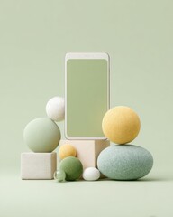 Poster - Modern Minimalist Smartphone Display with Soft Pastel Spheres Premium Abstract Tech and Lifestyle Content for Digital Branding and Advertising