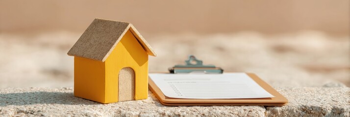 Poster - Modern Home Renovation Planning with Maintenance Schedule Clipboard and Miniature Cardboard House on Textured Stone Surface for Organized Moving Projects