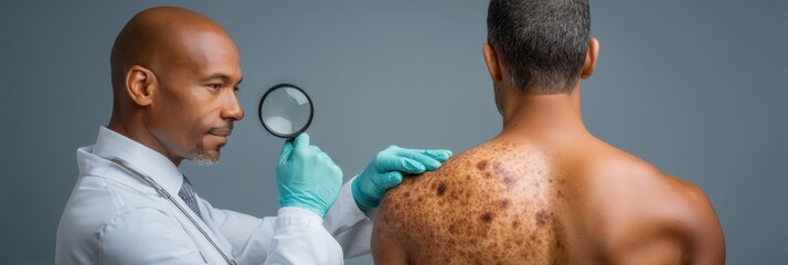 Poster - Professional Dermatologist Conducting Early Skin Cancer Screening on Patients Back with Magnifying Glass Authentic Healthcare Content for Medical Marketing
