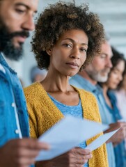 Poster - Authentic Diverse Voters Standing in Line Holding Ballots Premium Modern Civic Engagement for Social Media and Editorial Use Inspiring Democratic Participation